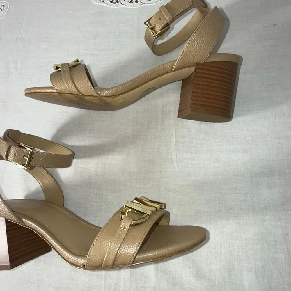 Michael Kors Women’s Nude Pebbled Leather Block Heel Sandals Gold MK Accent 3” H